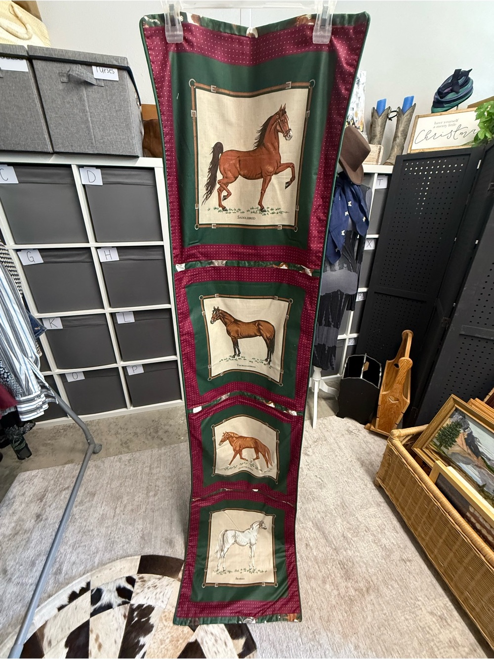 Vintage Quilted Equestrian Horse Breeds Table Runner in Green & Burgundy